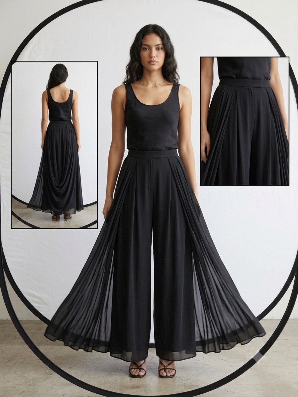 Marina Wide Leg Flyaway Palazzo Overlay Pants Skirt M